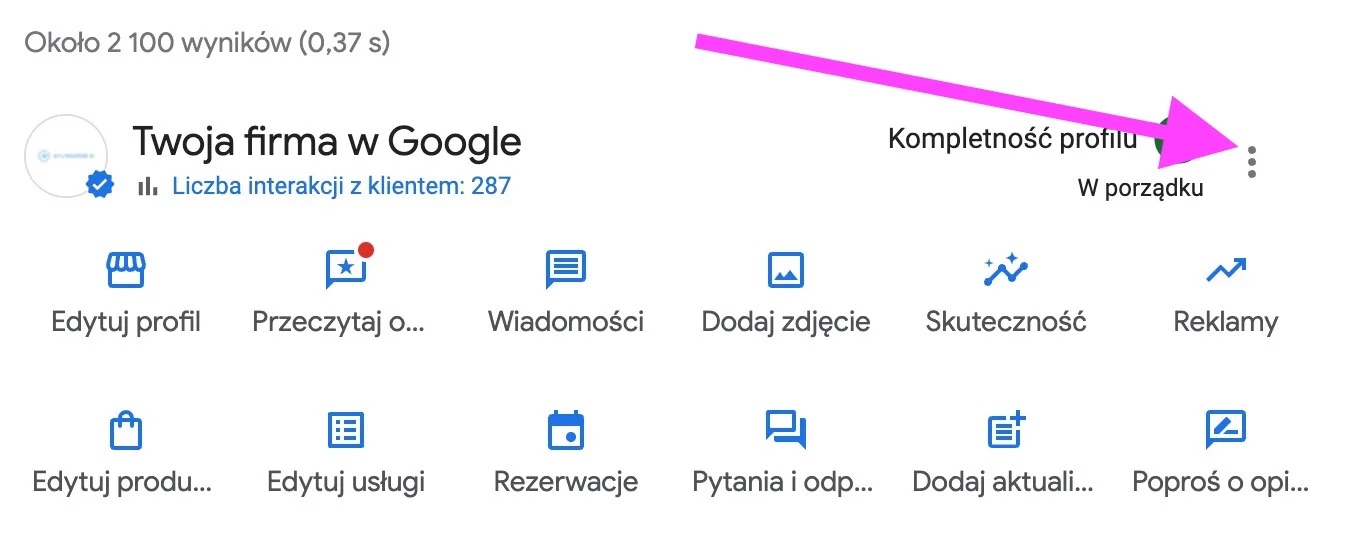 Menu ustawień profilu firmy - kliknij 3 kropki i wybierz Ustawienia profilu firmy