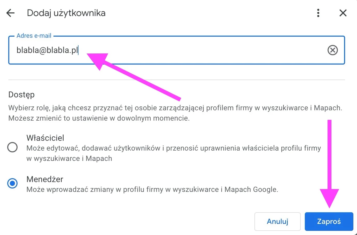 Formularz zaproszenia - wpisz email hubert@hubertmedia.pl, wybierz Menedżer i kliknij Zaproś